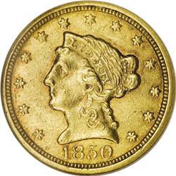 1850-C $2 1/2 AU58 NGC. Variety 12-G. Flashes of proof 