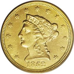 1852-C $2 1/2 AU53 PCGS. Variety 14-I. The 1852-C has 