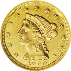 1855-C $2 1/2 AU55 NGC. Only 3,677 pieces were struck 