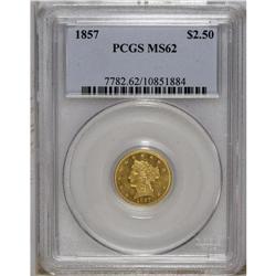 1857 $2 1/2 MS62 PCGS. Exhibiting some faint die stria 