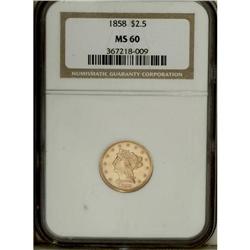 1858 $2 1/2 MS60 NGC. Well struck, save for softness o 