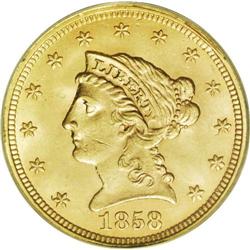1858 $2 1/2 MS63 PCGS. While not an especially scarce 