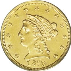 1858 $2 1/2 MS63 PCGS. A sharply struck piece with sat 