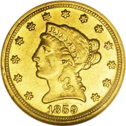 1859-D $2 1/2 AU58 NGC. Variety 21-M. Just 2,244 piece 