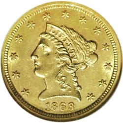 1863-S $2 1/2 AU58 NGC. Luster dominates the peripheri 