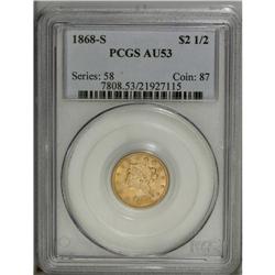 1868-S $2 1/2 AU53 PCGS. A still-lustrous yellow-gold 