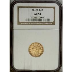 1873-S $2 1/2 AU50 NGC. Softly struck with peculiar, d 