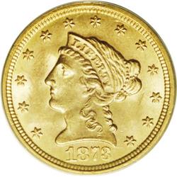 1873-S $2 1/2 MS63 PCGS. Lime-gold surfaces are inters 