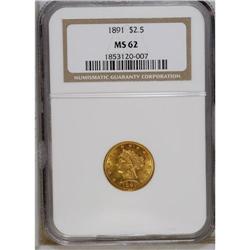 1891 $2 1/2 MS62 NGC. A solidly struck and highly lust 