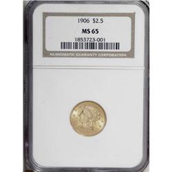 1906 $2 1/2 MS65 NGC. The straw-gold periphery gives w 