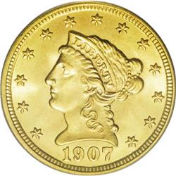 1907 $2 1/2 MS66 PCGS. A magnificent peach and lime-go 