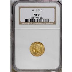 1911 $2 1/2 MS64 NGC. Solidly struck and satiny with w 