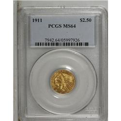 1911 $2 1/2 MS64 PCGS. A highly lustrous yellow-gold p 