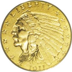 1911-D $2 1/2 Weak D AU50 PCGS. The Denver mintmark is 