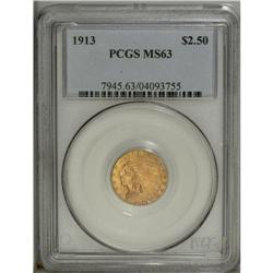 1913 $2 1/2 MS63 PCGS. A gently shimmering pumpkin-gol 