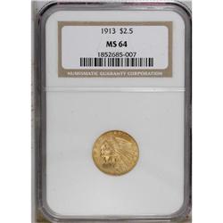 1913 $2 1/2 MS64 NGC. The honey-gold surfaces have ple 