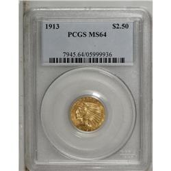 1913 $2 1/2 MS64 PCGS. The granular wheat-gold fields 