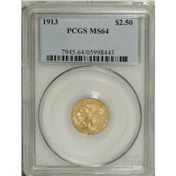 1913 $2 1/2 MS64 PCGS. Choice and well struck with whe 
