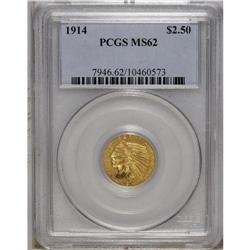 1914 $2 1/2 MS62 PCGS. This yellow-orange quarter eagl 