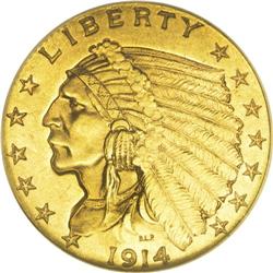 1914 $2 1/2 MS63 NGC. Dusky peach toning embraces this 