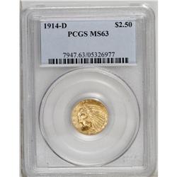 1914-D $2 1/2 MS63 PCGS. The otherwise brassy obverse 
