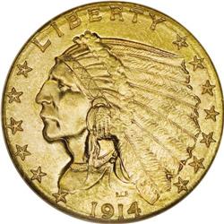 1914-D $2 1/2 MS64 PCGS. Lustrous and sharply defined 