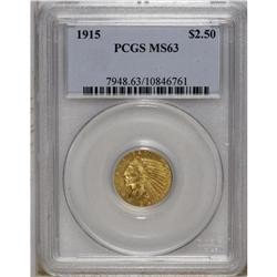 1915 $2 1/2 MS63 PCGS. The softly lustrous yellow-oran 