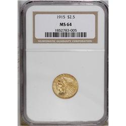 1915 $2 1/2 MS64 NGC. Choice and appealing, this amber 