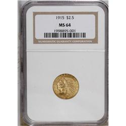 1915 $2 1/2 MS64 NGC. Choice and solidly struck, this 