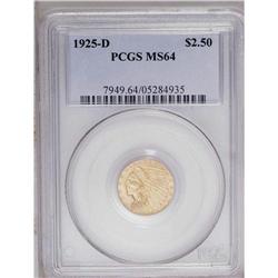 1925-D $2 1/2 MS64 PCGS. Apricot-gold surfaces reveal 