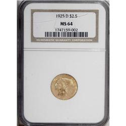 1925-D $2 1/2 MS64 NGC. A satiny yellow-orange piece w 