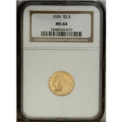 1926 $2 1/2 MS64 NGC. Lustrous peach-gold surfaces dis 