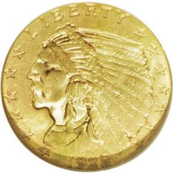 1928 $2 1/2 MS65 NGC. A satiny khaki-gold type coin wi 