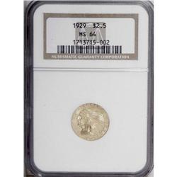 1929 $2 1/2 MS64 NGC. A lustrous and solidly struck pi 