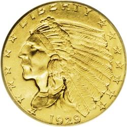 1929 $2 1/2 MS65 PCGS. This Gem Indian quarter eagle h 