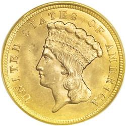 1854 $3 MS64 PCGS. This first-year-of-issue three doll 