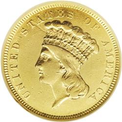 1854-O $3 AU55 NGC. As the only three dollar gold piec 