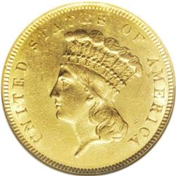 1855 $3 MS61 NGC. Typically struck and rather weak on 