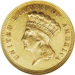 1870 $3 AU55 NGC. An attractive three dollar gold piec 