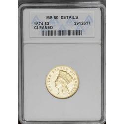 1874 $3 --Cleaned--ANACS. MS60 Details. This yellow-gol 