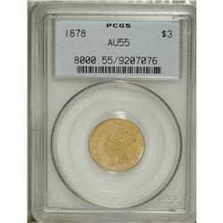 1878 $3 AU55 PCGS. Peach-tinged luster illuminates the 