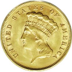 1878 $3 MS62 PCGS. Apricot-gold surfaces have soft lus 