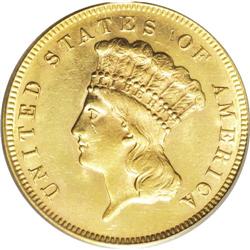 1878 $3 MS62 PCGS. This pretty yellow-gold specimen is 