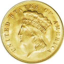 1878 $3 MS64 PCGS. A gently shimmering pumpkin-gold ty 