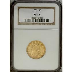 1837 $5 XF45 NGC. McCloskey-2B. This variety has a sin 