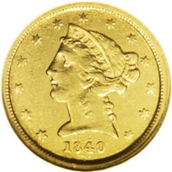 1840-C $5 AU50 NGC. Variety 2-B. Glimmering luster eme 