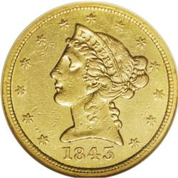 1843-D $5 Medium D AU53 NGC. Variety 10-H. Sharply def 