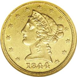 1844-D $5 AU55 NGC. Well struck with only traces of hi 