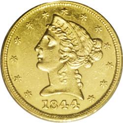 1844-D $5 AU58 PCGS. Variety 11-H. One of the more obt 