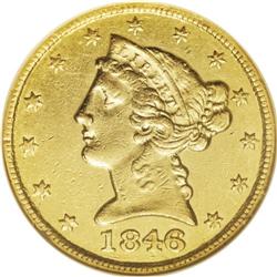 1846-C $5 AU55 NGC. Variety 8-E. The only dies for thi 